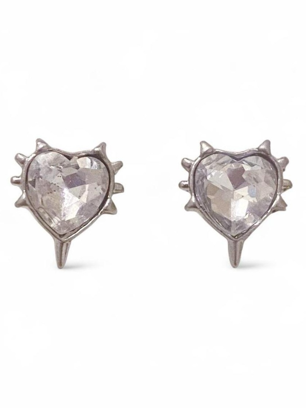 Hand Crafted Silver-Tone Heart Spike Stud Earrings with Clear Crystal